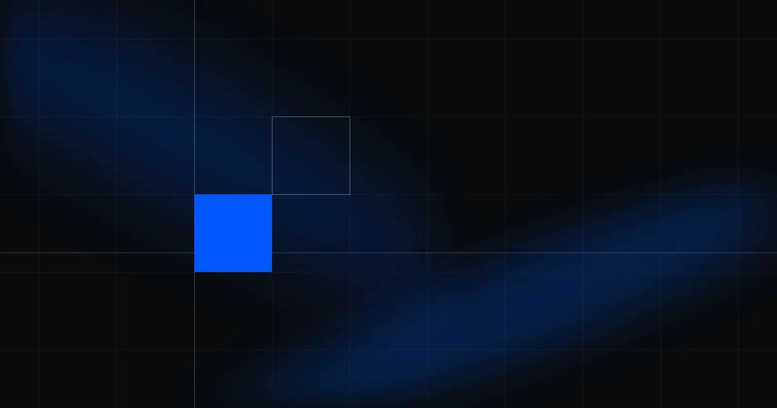 Abstract image: two crossing bands of blue light over a fine grid on a black ground, with a solid blue square to the left and a thin outlined square above it.