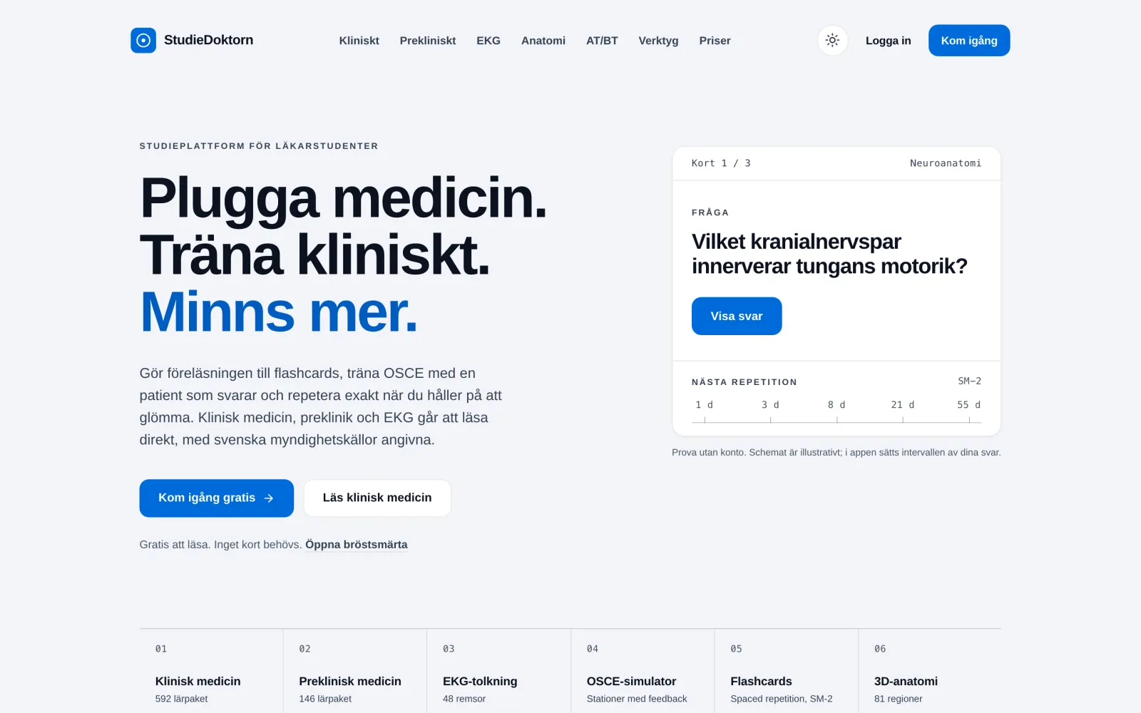 Startsidan för StudieDoktorn med rubriken Plugga medicin. Träna kliniskt. Minns mer. och ett flashcard till höger.