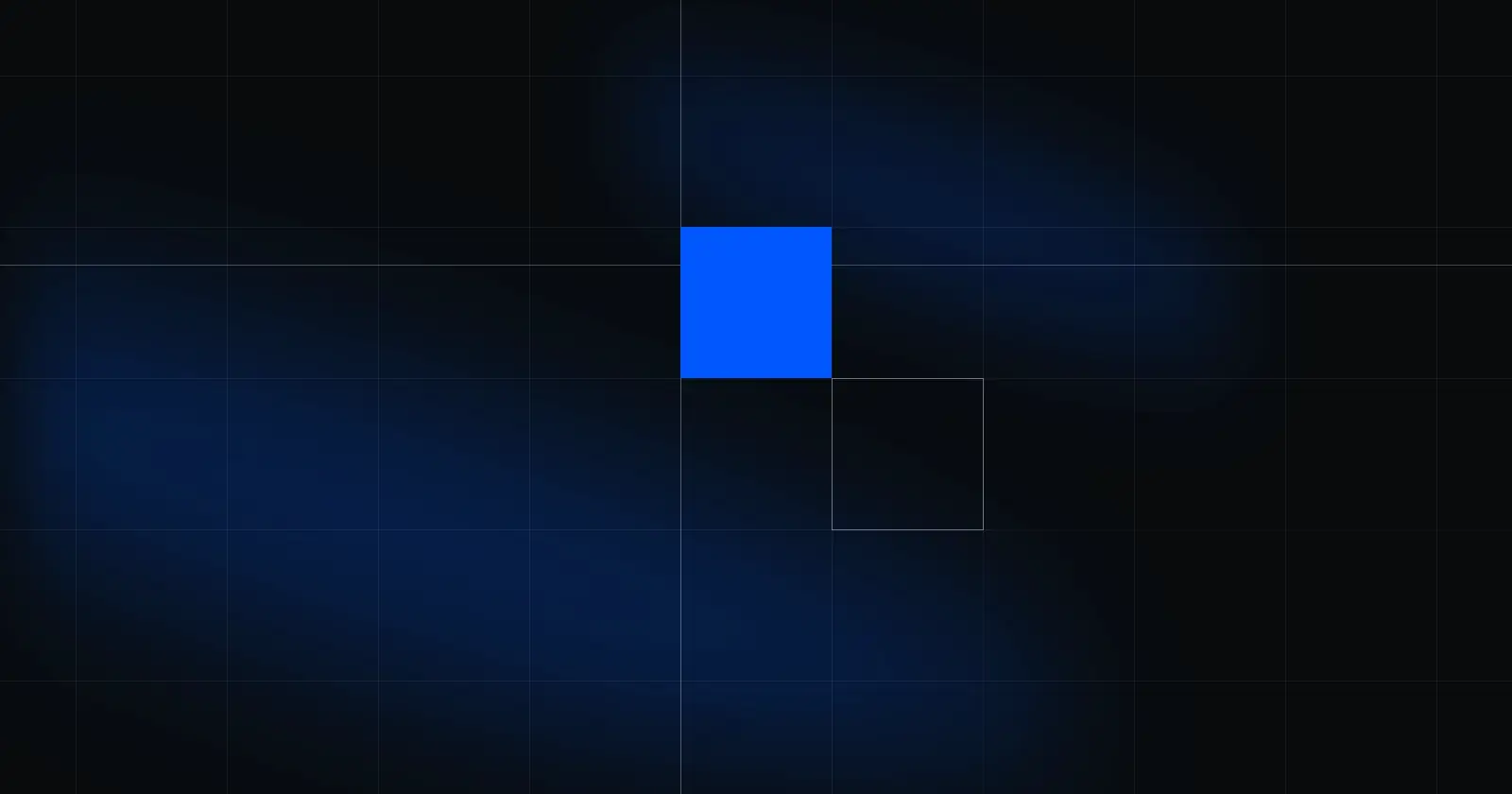 Abstract image: a steep band of blue light rising from the lower left across a fine grid on a black ground, with a solid blue square and a thin outlined square at the crossing.