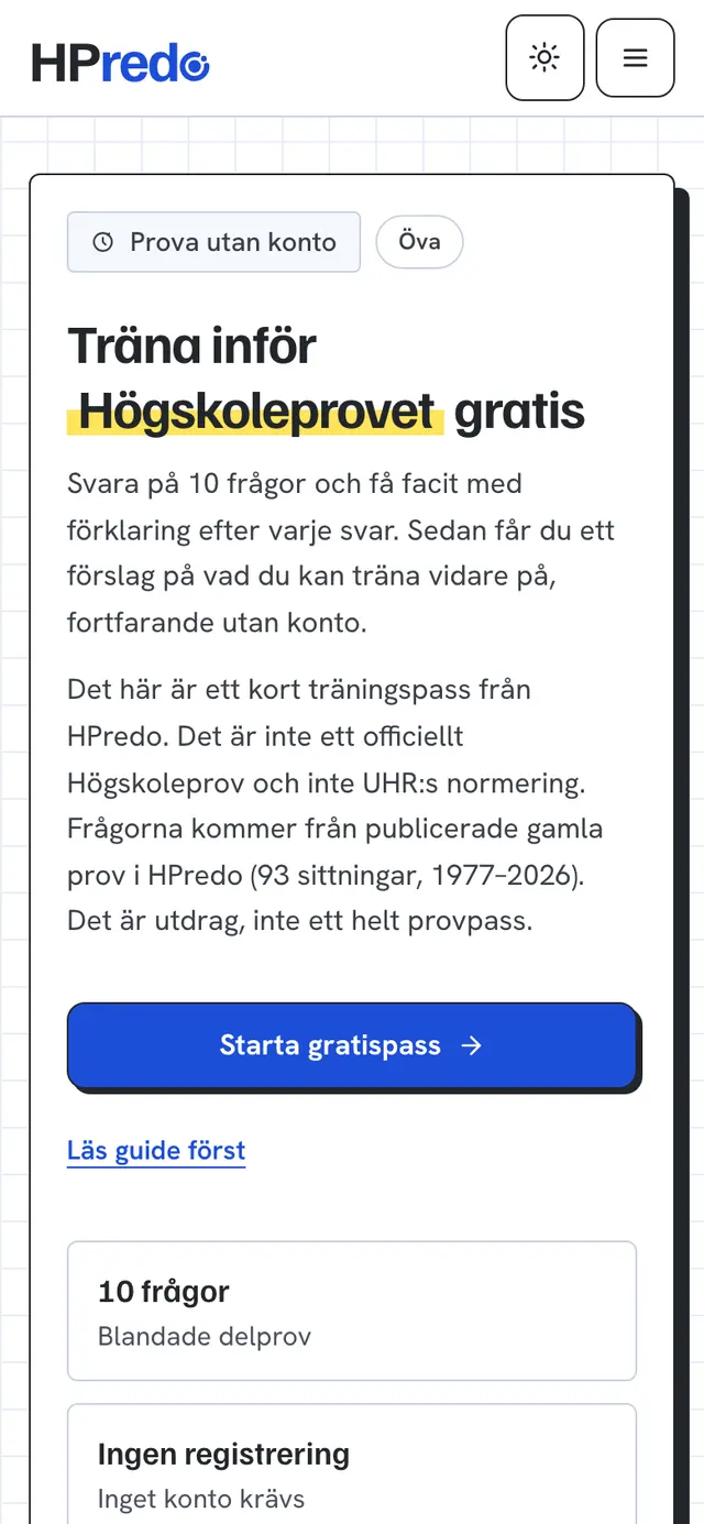 Gratispasset på hpredo.se i en mobil, tio frågor utan konto.
