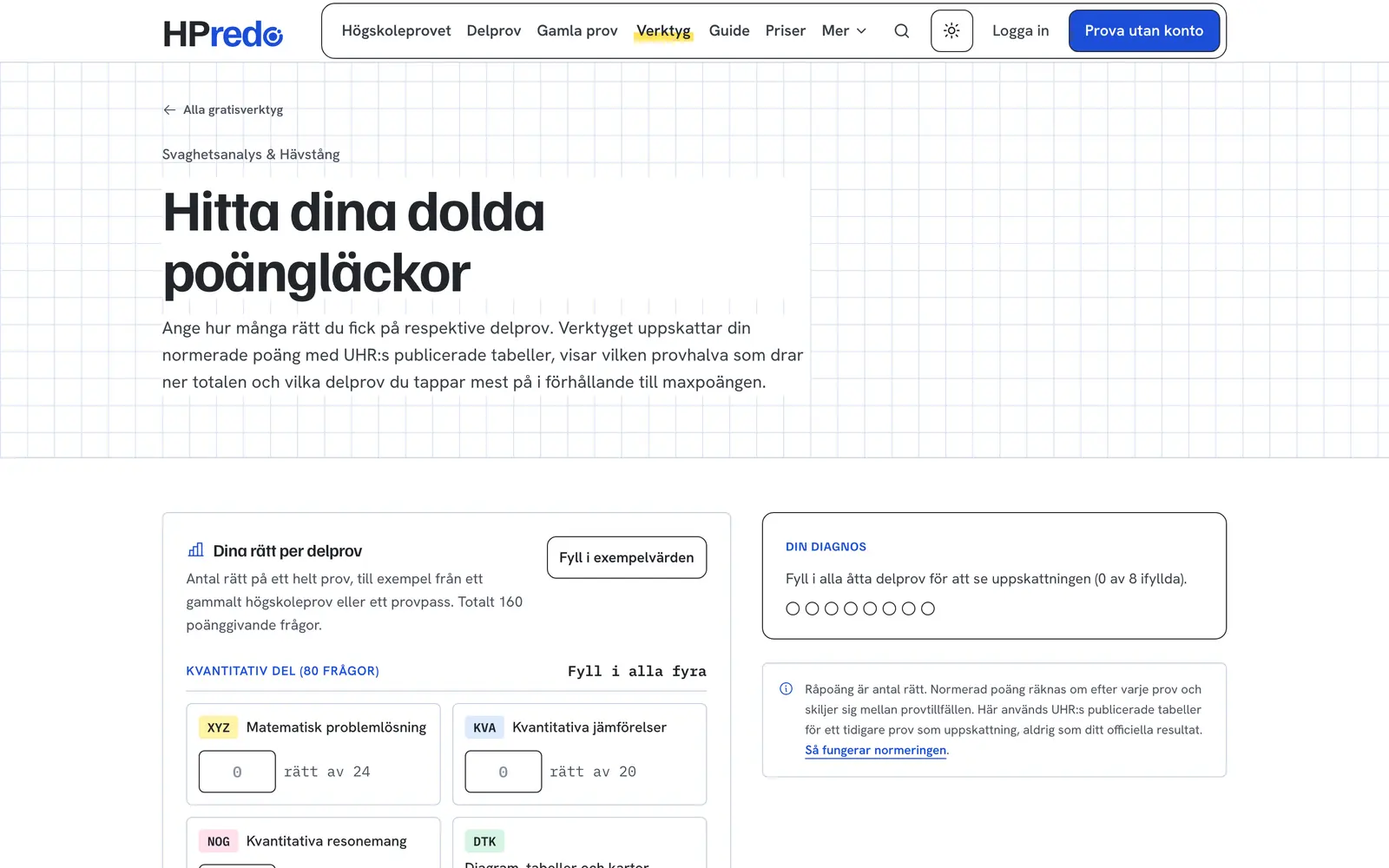 Verktyget Delprovsdiagnos på hpredo.se, där du fyller i antal rätt per delprov.