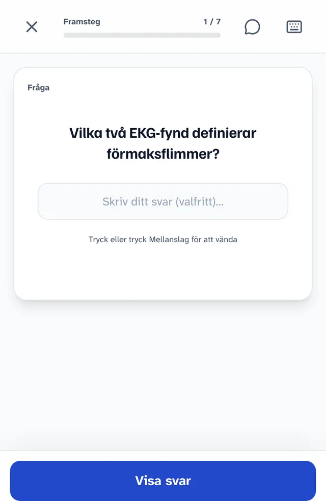 Ett flashcard i StudieDoktorn med frågan om vilka två EKG-fynd som definierar förmaksflimmer.