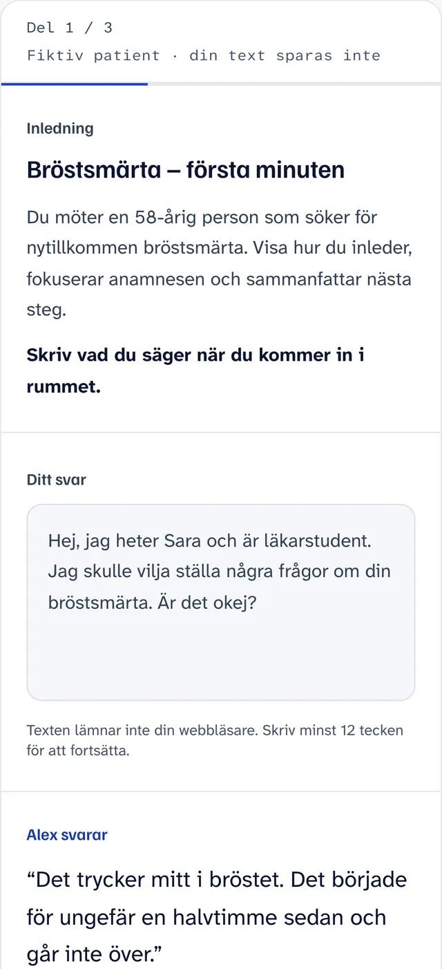 OSCE-övning i StudieDoktorn där användaren svarar en fiktiv patient.